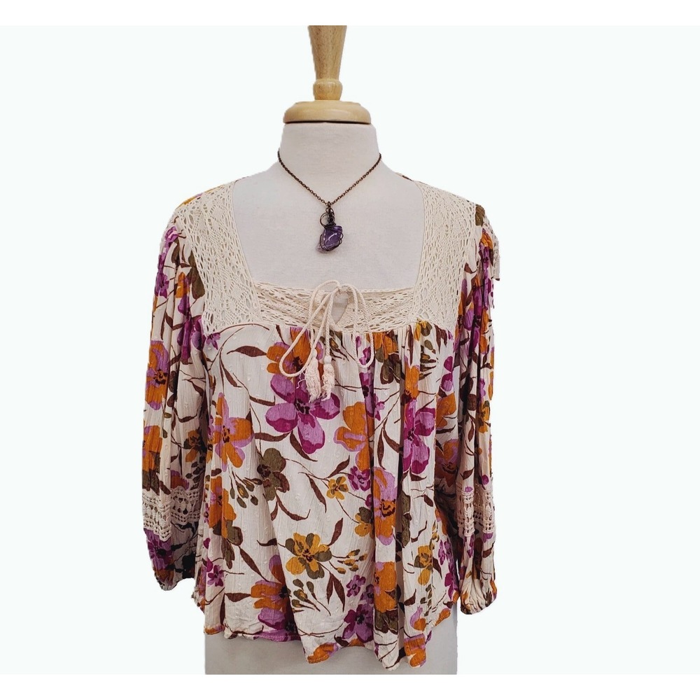 Angie Womens M Ivory Floral Crochet Lace Peasant Blouse Long Sleeve Boho - Picture 3 of 12